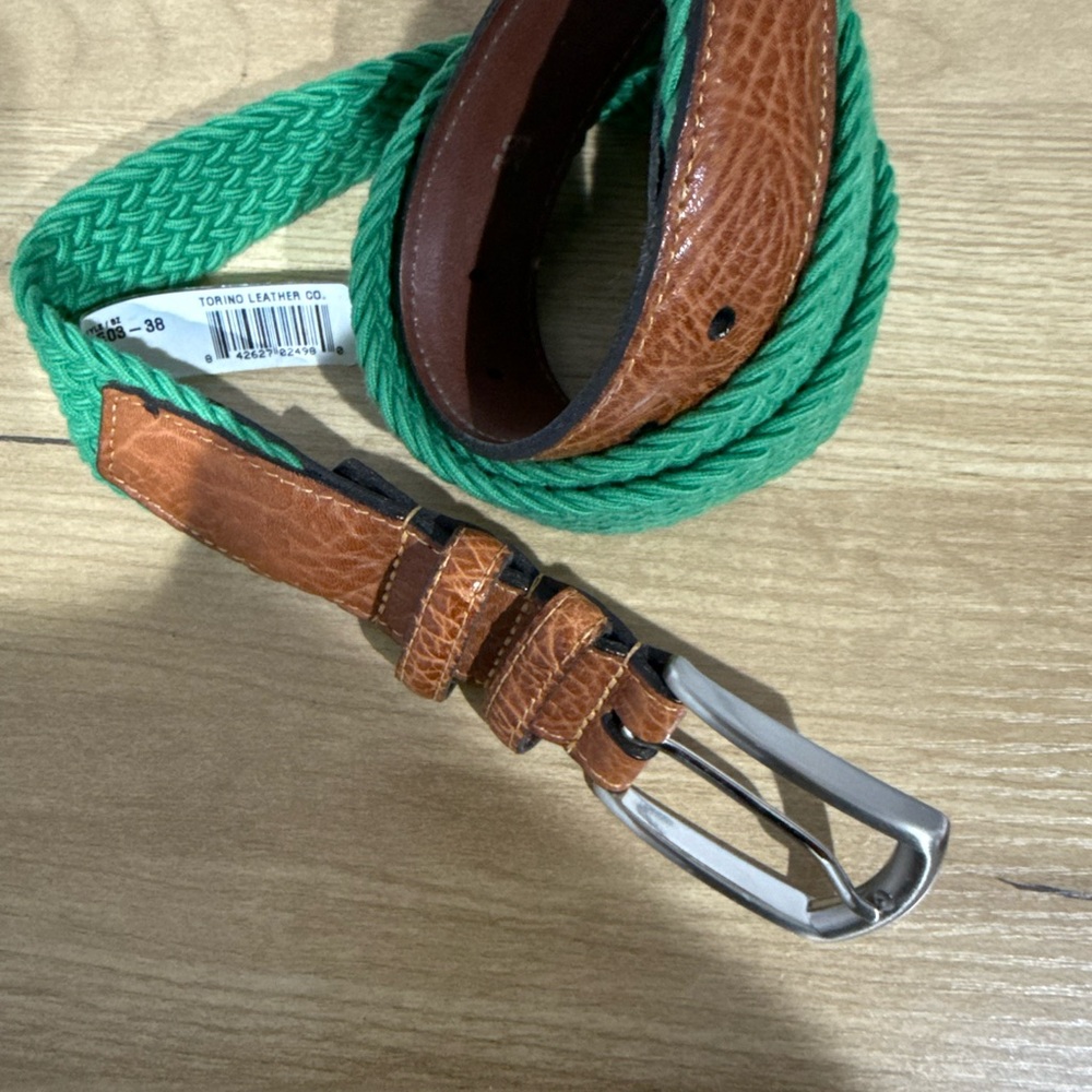 NWT Torino Woven Braided‎ Leather Stretch Belt USA Nickel Green Size 38 Men 43”